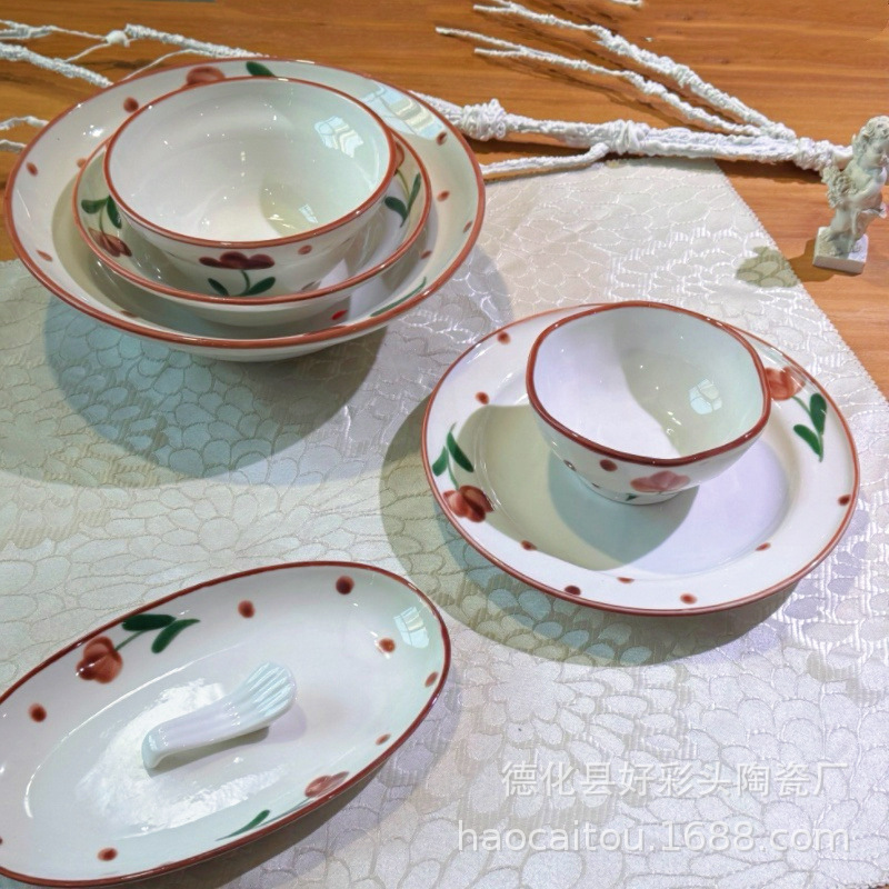 Good Luck Hand-Painted Set Series Underglaze Color Ceramic Tableware Set Simple Bowls and Plates Rice Bowls Wholesale
