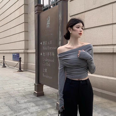 美式辣妹假两件V领短款修身长袖t恤女春秋内搭打底衫灰色紧身上衣