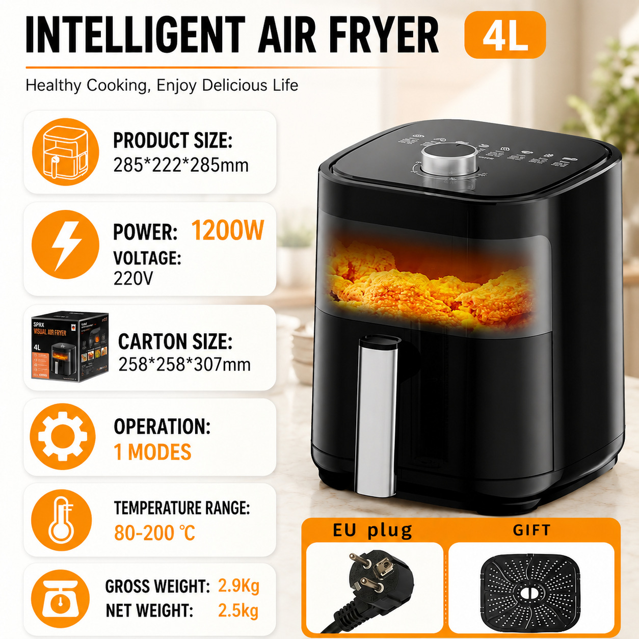 Friteuse à air mécanique noire à bouton unique, vue de dessus, 4 L - Norme européenne