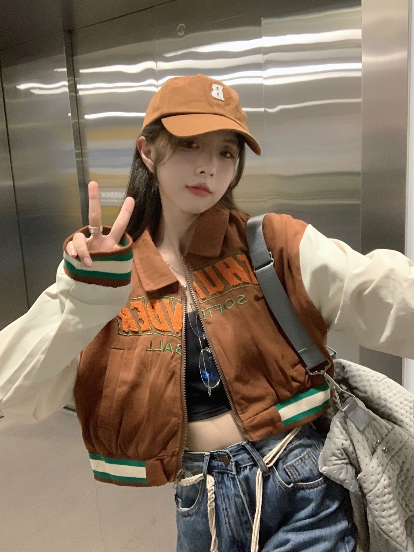 外贸虾皮美式复古辣妹短款vintage棒球服设计感小众夹克长袖外套