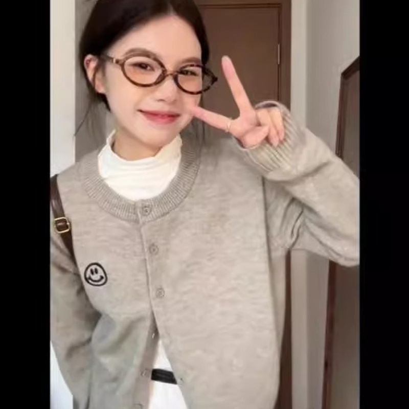 Smiley Crewneck Cardigan Korean-style College-style Short Sweater Coat Spring and Autumn New Grey Sweater Outerwear Top