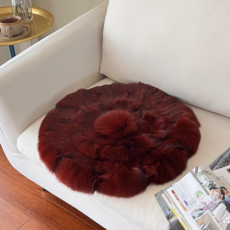 简哆哆 – Fur Rug Car Carpet - wine-red-natural-fox-fur-approx-48cm-diameter-seat-cushion
