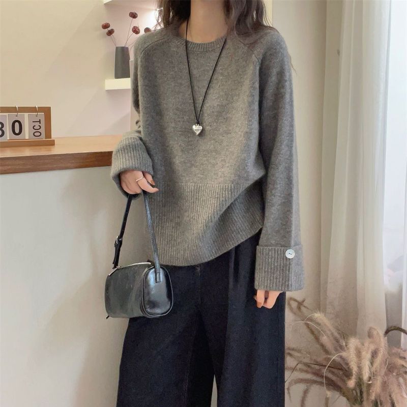 法式高级感袖口加厚圆领毛衣女秋冬软糯慵懒风内搭打底针织衫上衣|undefined