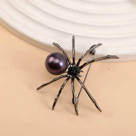 欧美枪黑珍珠蜘蛛胸针个性高端防走光胸花动物复古别针配饰批发