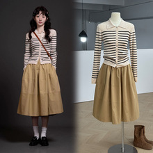 【现货】明星同款时尚休闲卡其色减龄蓬蓬裙女A字高腰松紧半身裙