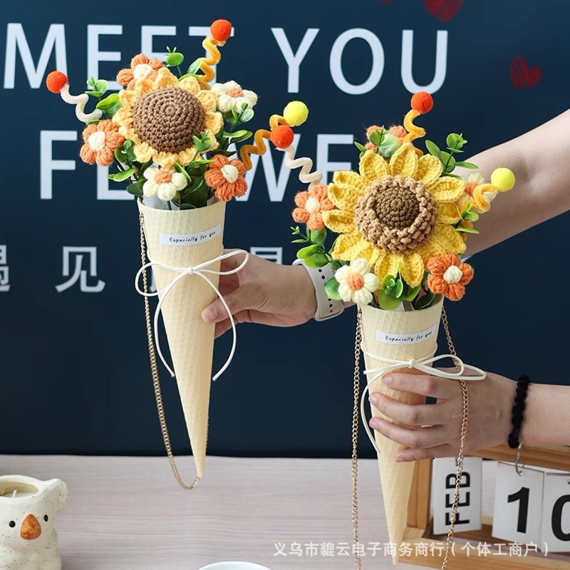 情人节手工编织向日葵毛线花成品混搭永生干花束闺蜜礼品韩系装饰|undefined