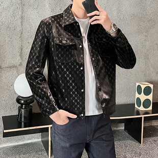2023 Spring and Autumn New Men's Fashionable All-match Leather Jacket Full Print B- word Lapel Motorcycle Trend PU Leather Jacket