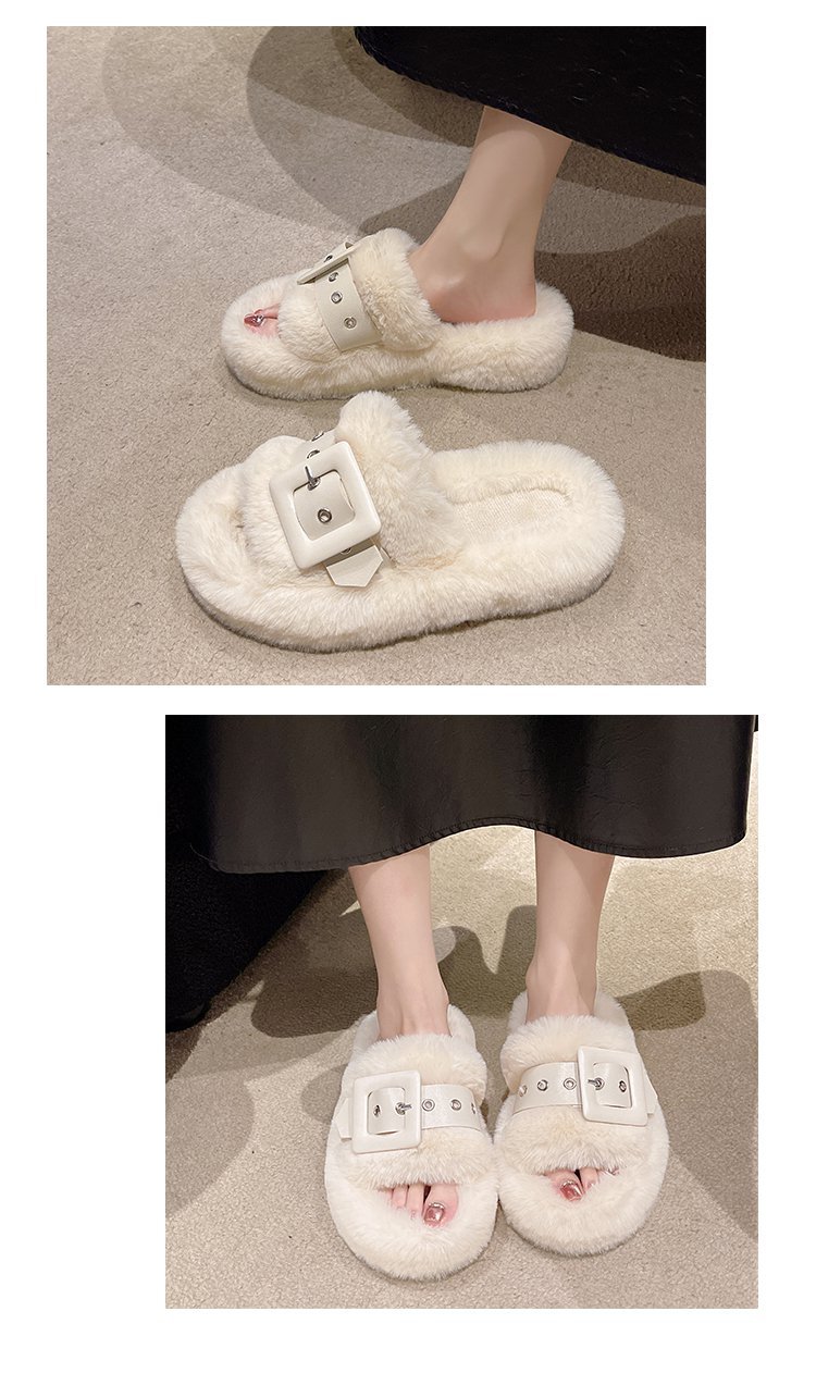 Pelzige Hausschuhe für Damenoberbekleidung, schwangere Frauen, große Hausschuhe mit dicken Sohlen, Gürtelschnalle, Plüsch, Ein-Wort-Baumwollhausschuhe_voghion.com