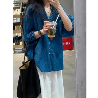 蓝色休闲长袖天丝亚麻衬衫女2026夏季灯笼袖防晒衬衣慵懒气质上衣