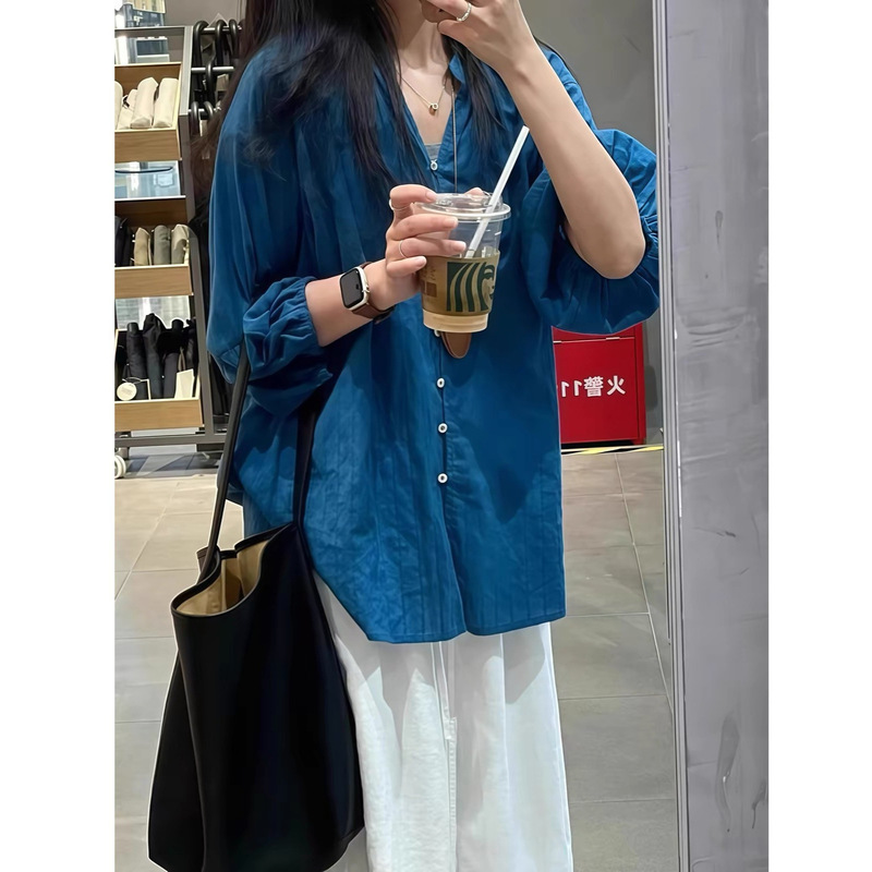Blue casual long-sleeve Tencel linen shirt for women, 2026 summer lantern sleeve sun protection shirt, casual and elegant top