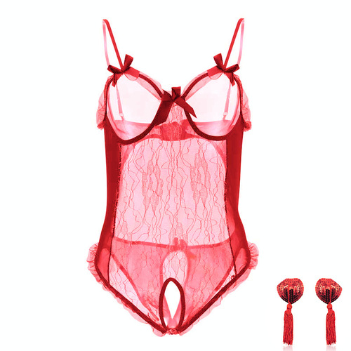 Lingerie for plus-size women in the Western market, featuring sexy silver thread, lace butterfly bows, open-leg, revealing, three-point style.