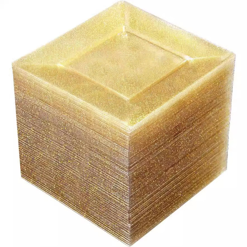 6.5, 9inch Gold Powder Square Plates, Hard Plastic Dessert Plates, Cake Plates, Transparent Gold Glitter Square Plates for Outdoor Gatherings