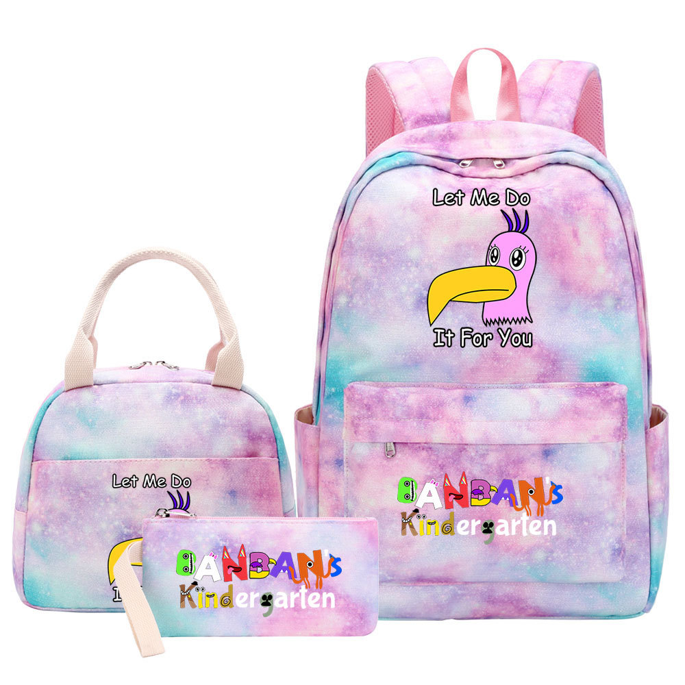 新款游戏班班花园印花青少年女生学生书包午餐袋三件套双肩套装包