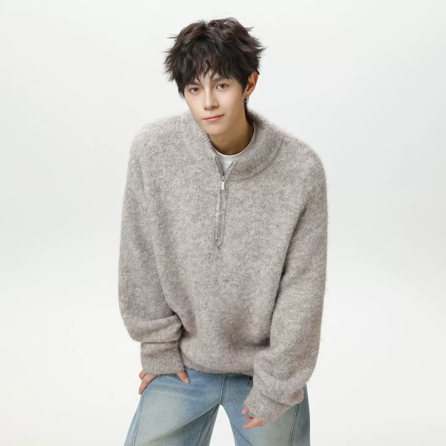 日系复古半拉链立领毛衣男秋冬加厚保暖慵懒风套头针织衫线衣外套