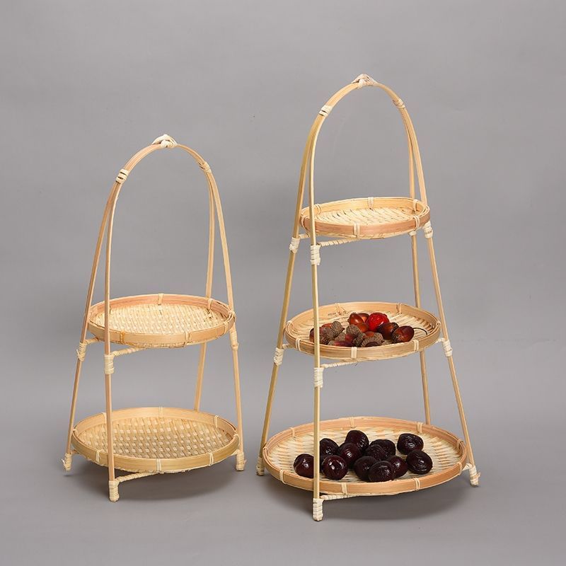 Bamboo-woven basket, snack basket, double-layer basket, two-tier pastry platter, engagement banquet table setting, carry-on basket, restaurant display rack