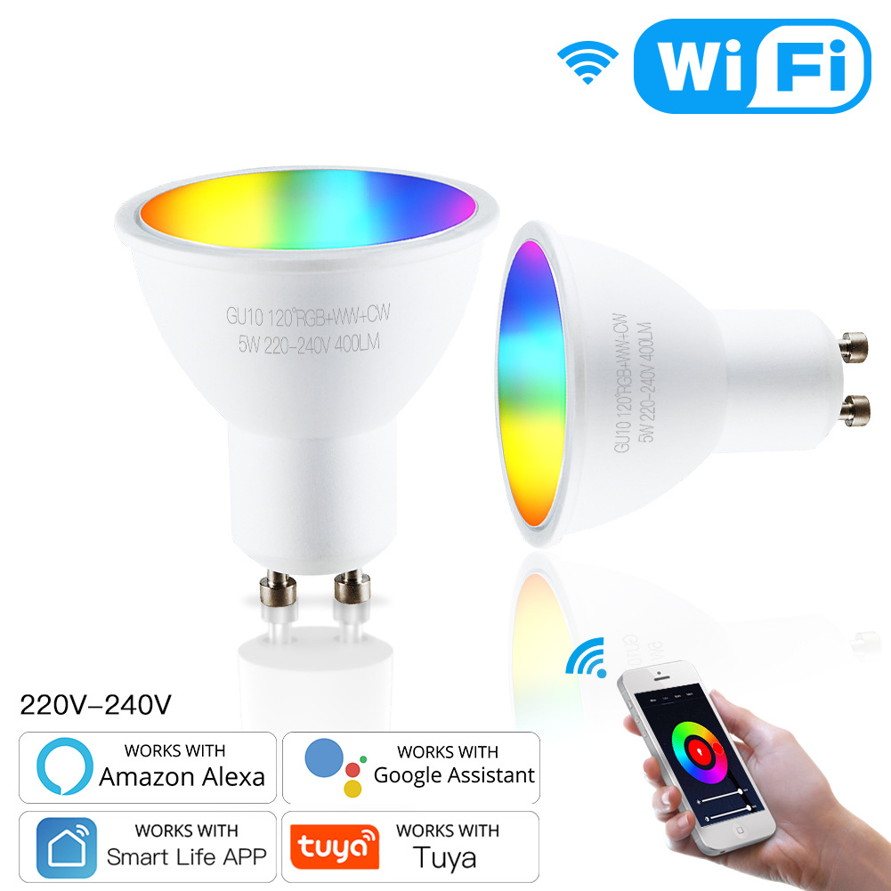 WiFi涂鸦智能家居LED灯泡 RGB+WW调光功能5W宽压GU10接口灯杯