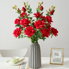 廠家直供新款5頭角玫仿真花高枝玫瑰落地擺放仿真花婚慶裝飾絹花