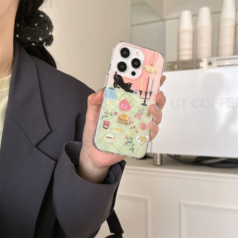 Pintura al óleo ilustración de gato a la luz de las velas para iphone15 funda para teléfono móvil 16ProMax dibujos animados 13 Apple 14 hembra 15PM