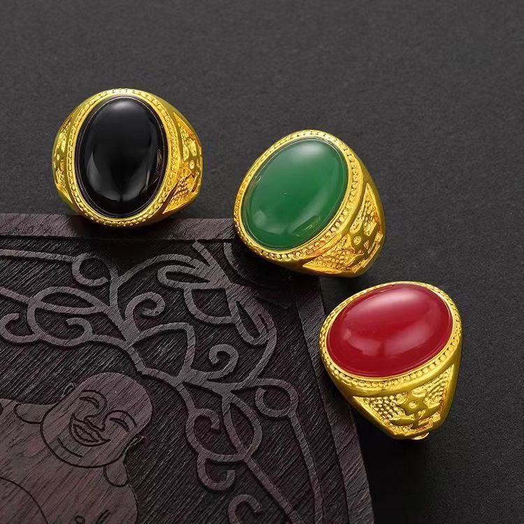 Fashion domineering gold-plated men's gem ring imitation agate Open men's ring cross-border imitation chalcedony gem ring Men's
