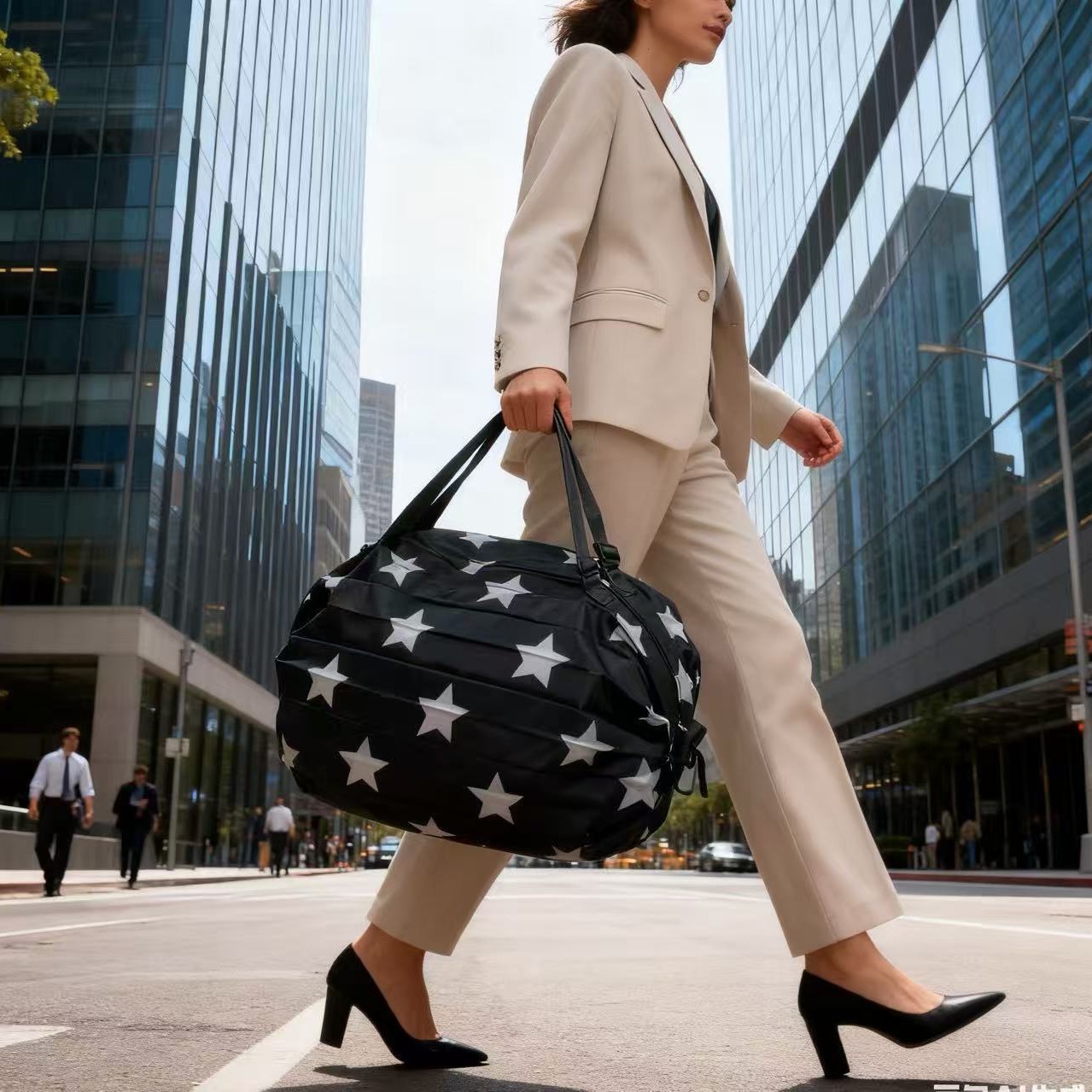 검정 바탕 흰색 별 다섯 개 접이식 아코디언 백 50*35CM