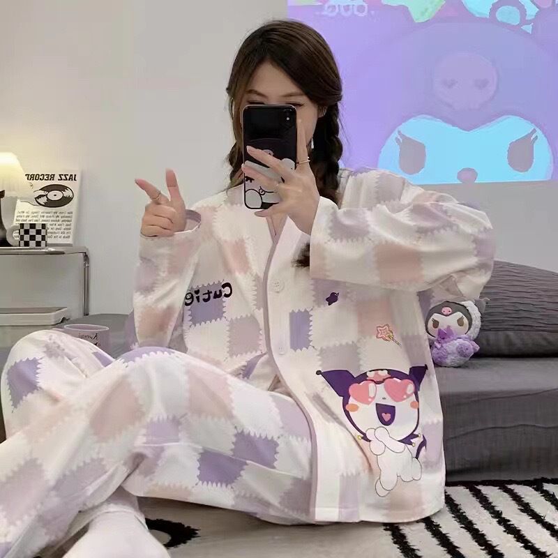 Autumn and Winter 2024 Internet Red Style Plaid Pajamas Women's Cartoon Long Sleeve Small Cute Home Clothes suit