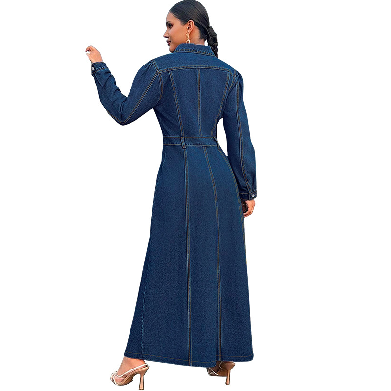708g Weight Maxi Long Dress Dress Length Type Long Sleeve Sleeve Length Denim Dress Dresses Type Cotton (more than 30%), Denim Fabric Type High Waist Waist Line Holiday, Street Occasion Turndown Neckline Slim Fit Type Solid Color Pattern Spring, Autumn Season Women's Gender Streetwear Style Wholesale Women's Streetwear Solid Color Holiday Street Turndown Long Sleeve Denim Dress 14