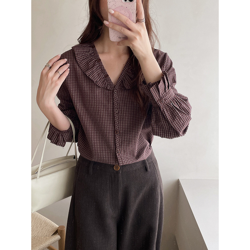 [Chestnut Brown Plaid] Songming ruffled V-neck plaid shirt for women, autumn collection, Guangzhou Shisanhang style, BG1317