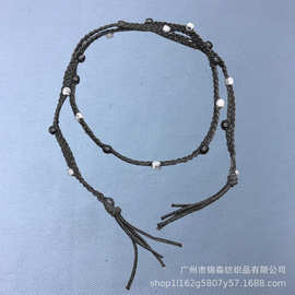 手工编织复古牛仔撞色串珠多用腰链发带小众设计感腰绳腰链配饰批