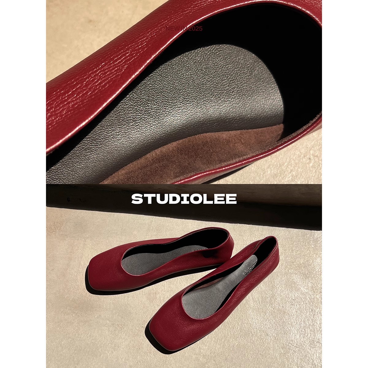 [Ready Stock] Cowhide Version ~ Grape Mom's Same Style Retro Square-Toe Flats Shoes for Women 2025 Genuine Leather Super Soft Flats Shoes