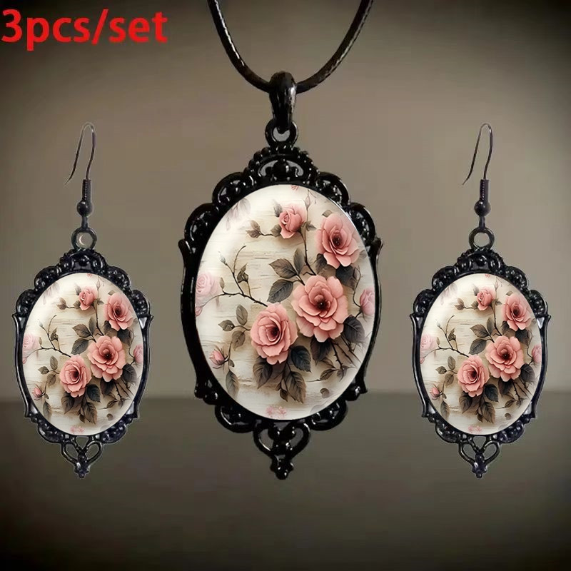 Cross-Border Export Amazon Victoria Pink Rose Cameo Necklace Earrings Jewelry Manufacturer Direct Sales