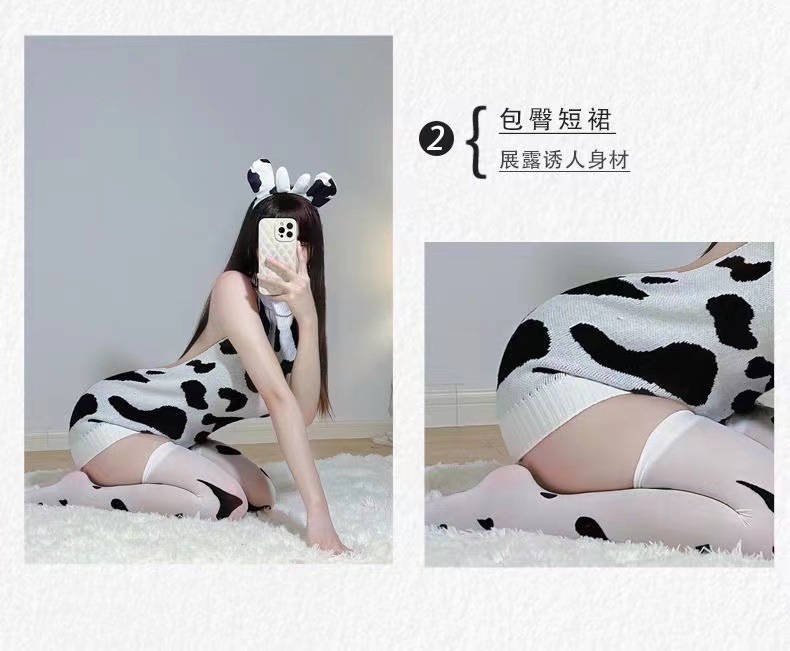 Cow Maid Knit Sweater Costume Set with Socks and Ears, Backless Open-Knit Design — detail image 5
