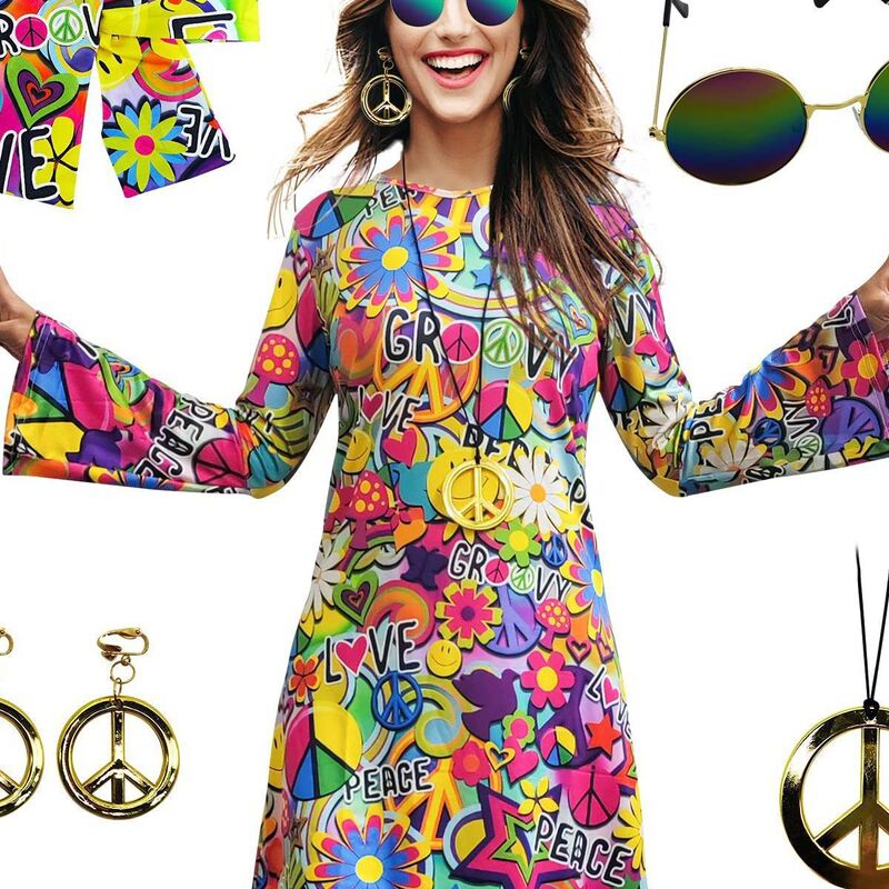 Cross-Border European and American New Halloween Print Dress 70S Hippie Party Peace Pattern Print Dress