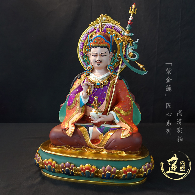 紫金蓮ネパールチベット工芸蔵伝密宗彩絵蓮師蓮花生純銅純手彫り置物|undefined