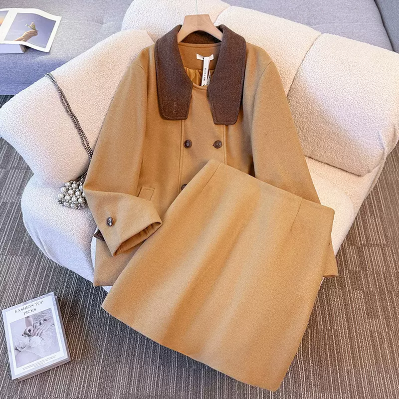 130-350斤大码女装胖mm冬季新款夹棉韩版时尚毛呢外套半身裙套装