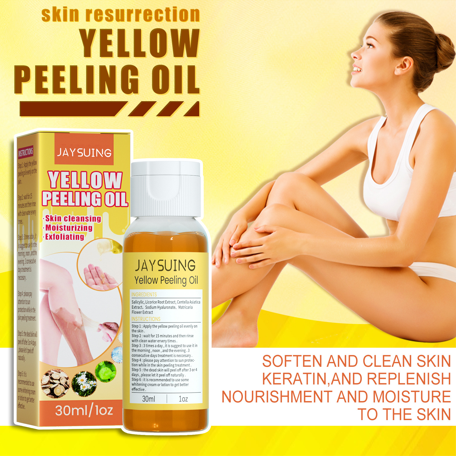 L'huile exfoliante pour la peau jaune Jaysuing hydrate la peau du corps, la rendant délicate, belle, blanche et tendre._voghion.com