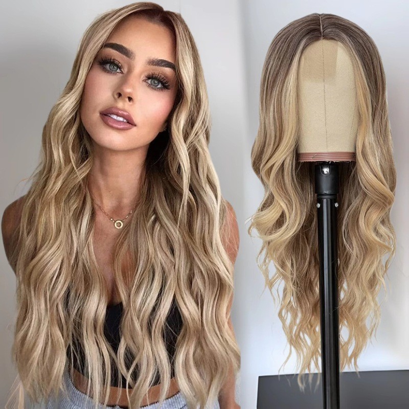 Transfronterizo nuevo estilo europeo y americano gradiente medio gradiente amarillo gradiente gris mujer medio cabello largo y rizado gran peluca ondulada