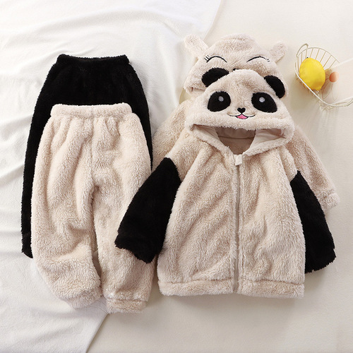 Children's Autumn and Winter New Fleece Hooded Pajama Set for Boys and Girls, Cute Plush Sweatshirt and Pajamas for Toddlers