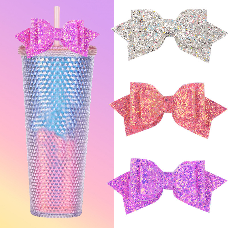 Cross-border Hot Sale Greta Glitter Powder Suction Cup Decorative Bow Accessories Shiny Diy Cup Rubber Tendon Accessories