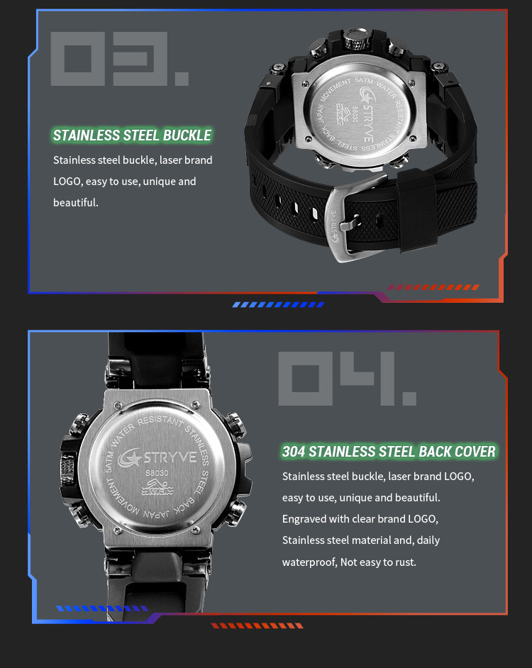 STRYVE Sports Colorful Luminous Chronograph Electronic Waterproof Wrist Watch Metal Case Multifunctional Student Watch 8030_voghion.com