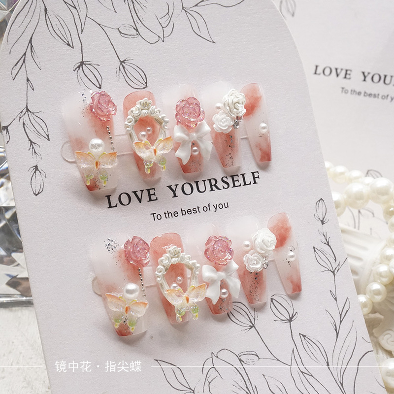 Spring Rose Wearable Nails Long Ballet Nails Gentle Bridal Nail Art Patch Finished Nail Art Pieces 24 Pieces Boxed