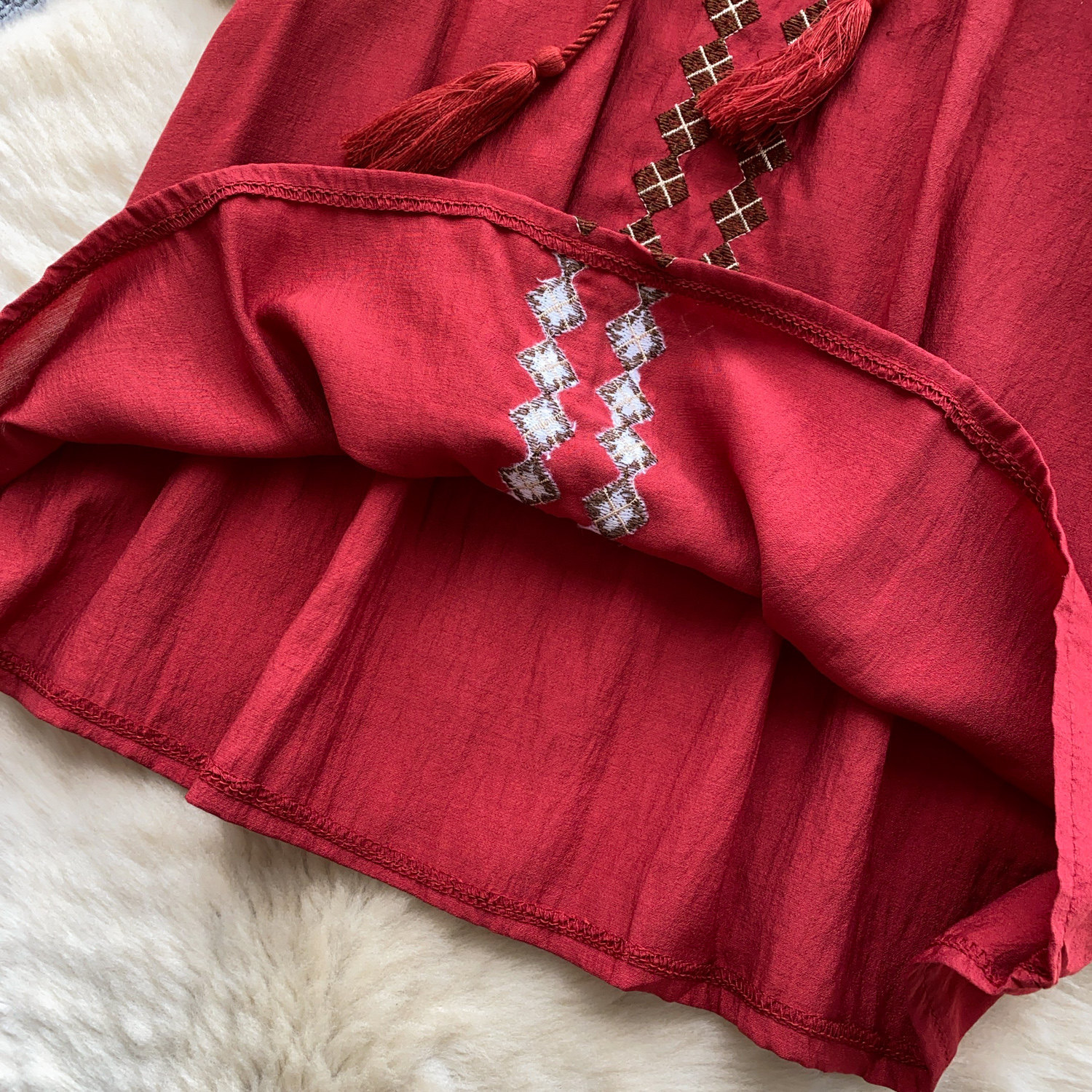 Elegant French Style Blouse for Women Red Embroidered Puff Sleeve Loose Fit Tie Waist Babydoll Top Spring Fashion_ecoleips.com