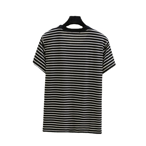 Bitumen fashion striped crew neck short sleeve T-shirt with hemmed edge, summer casual simple loose women's top