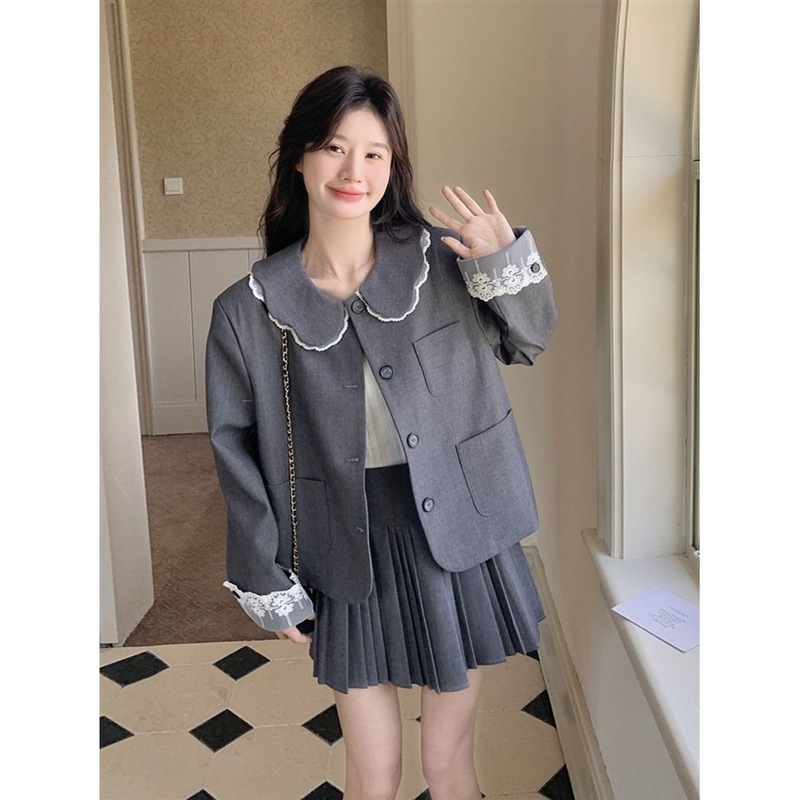 千金风显瘦娃娃领西装两件套女春2025秋季一整套穿搭百褶短裙套装|undefined