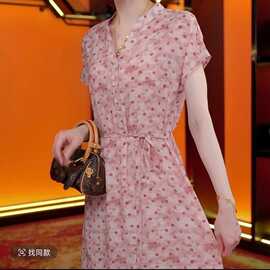 原版一件代发2026夏季新款时尚v领印花收腰系带连衣裙妈妈装