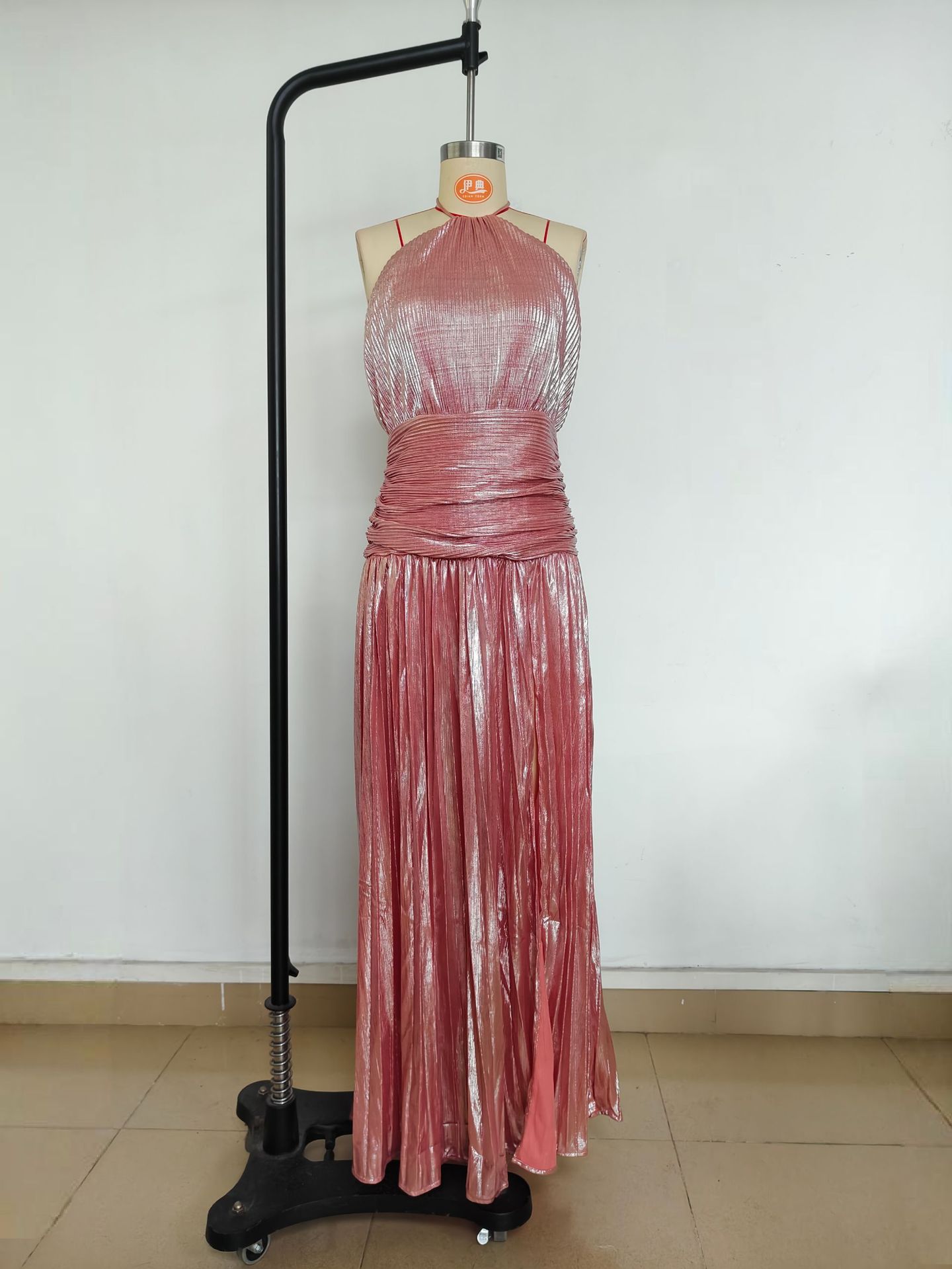 ​​"Women's Metallic Pleated Sleeveless Dress - Backless Tie Neck High Slit Party Dress, Golden/Pinkish/Ancient Gold/Dark Blue/Lake Blue, XS-XXL"​​_ecoleips.com