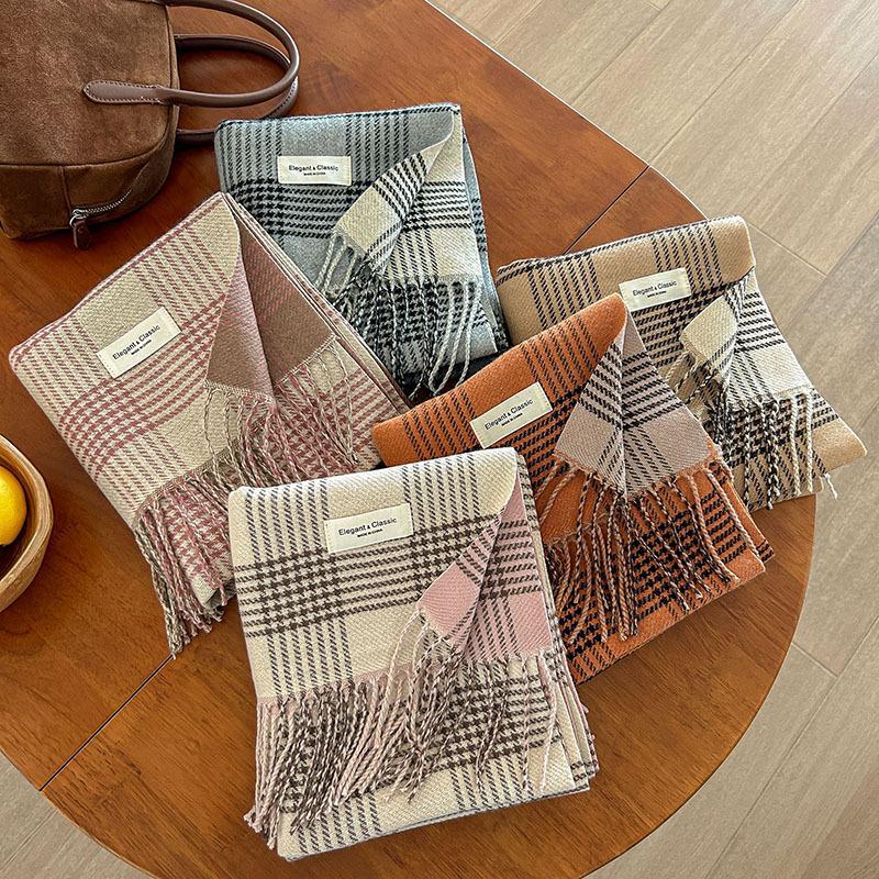 Autumn and Winter Classic I mitation Cashmere Line Grid Double sided Tassel Scarf Versatile Women's Sweet Korean Version_voghion.com