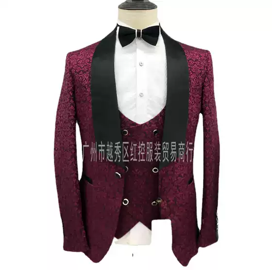 Cross-border export to Europe and the United States men's suit shake collar dark flower banquet wedding suit men's groom best man three-piece set