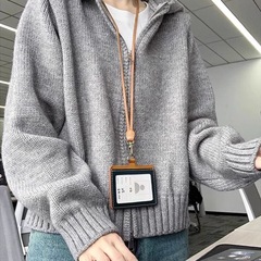 灰色连帽双拉链毛衣外套女春秋冬2025新款复古慵懒风宽松针织开衫