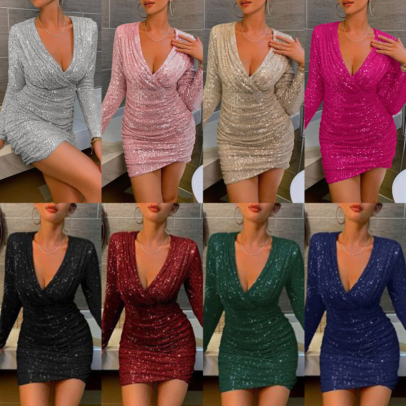 2025 Amazon Autumn and Winter New European and American Clothing Sexy V-Neck Hip-Hugging Short Skirt Fashion Sequined Dress Dress for Women