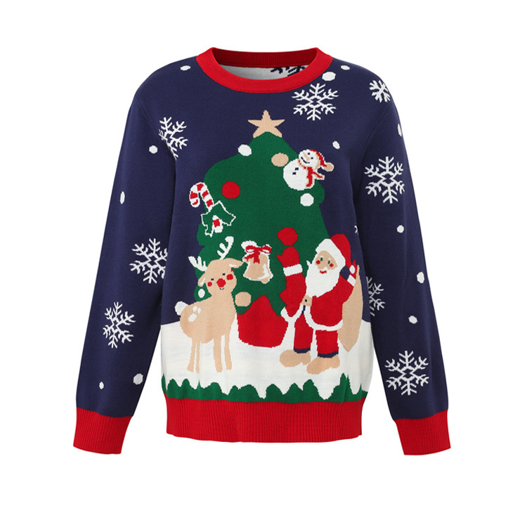 Cross-Border Foreign Trade Christmas Sweaters for Men and Women, Autumn and Winter Loose Casual Round Neck Cartoon Jacquard Long-Sleeved Pullover Knitwear